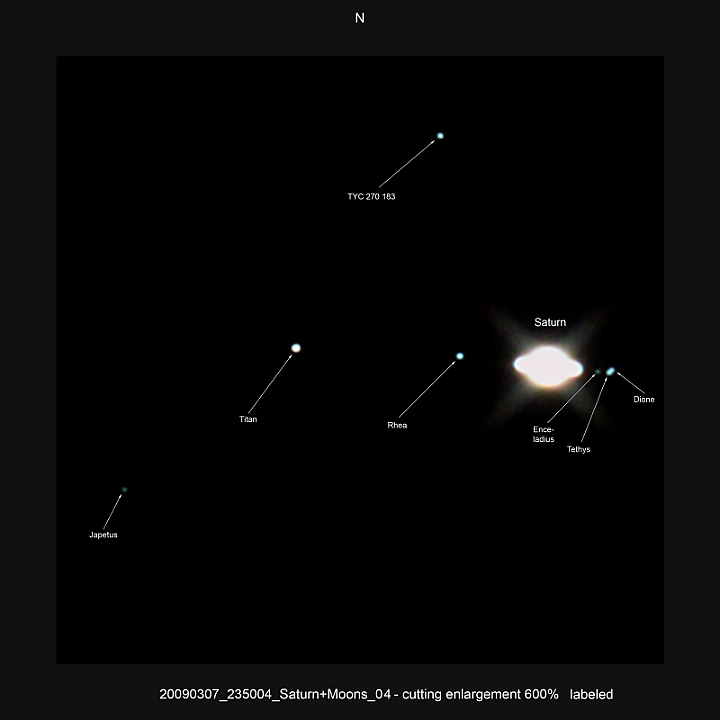 20090307_235004_Saturn+Moons_04 - cutting enlargement 600pc labeled.JPG -   Newton d 309,5 / af 1623 & Coma Corrector CANON-EOS5D (AFC-Filter) 1000 ASA  no add. filter 1 light-frame 1s Canon-RAW-Image, Adobe-PS-CS3  